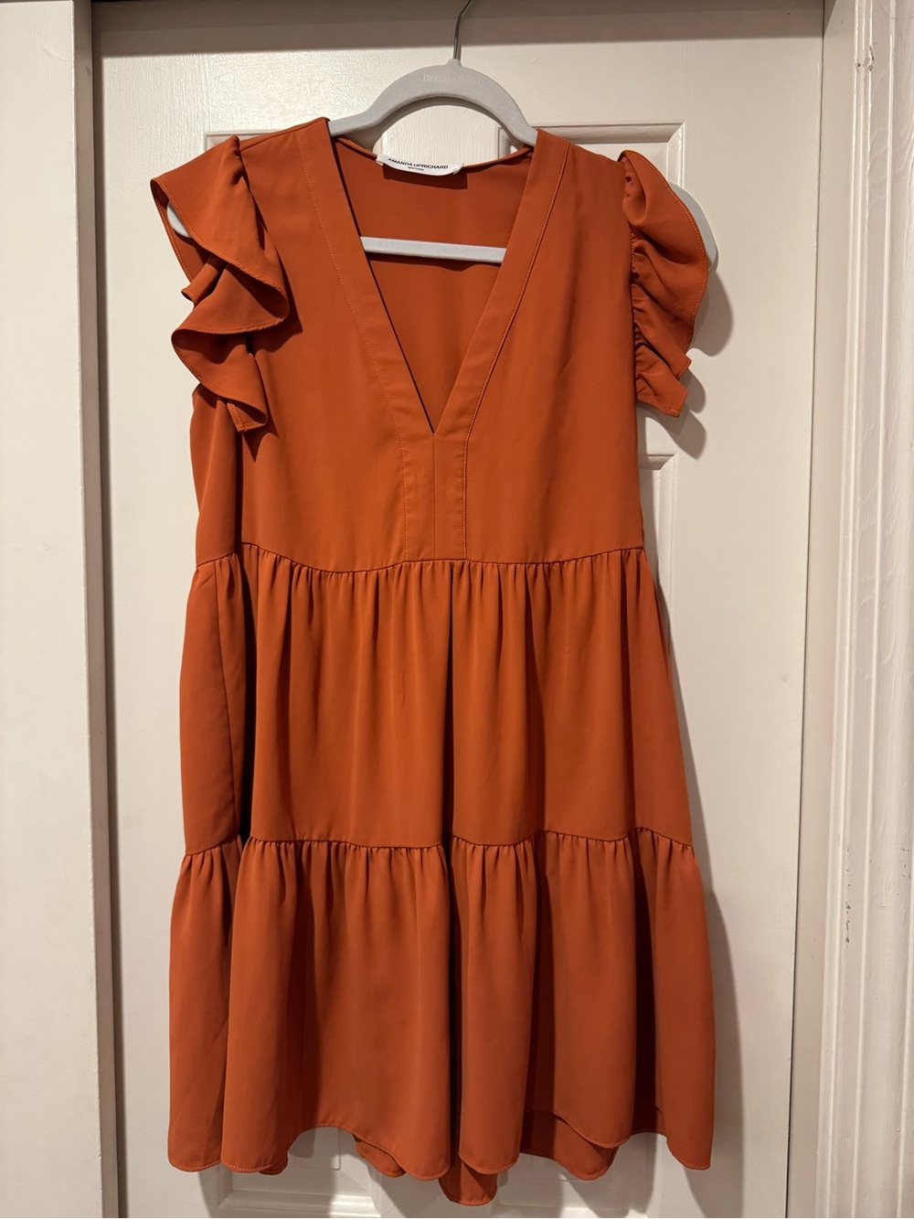 Amanda Uprichard Tiered Ruffle Sleeve V-Neck Dress — Burnt Orange